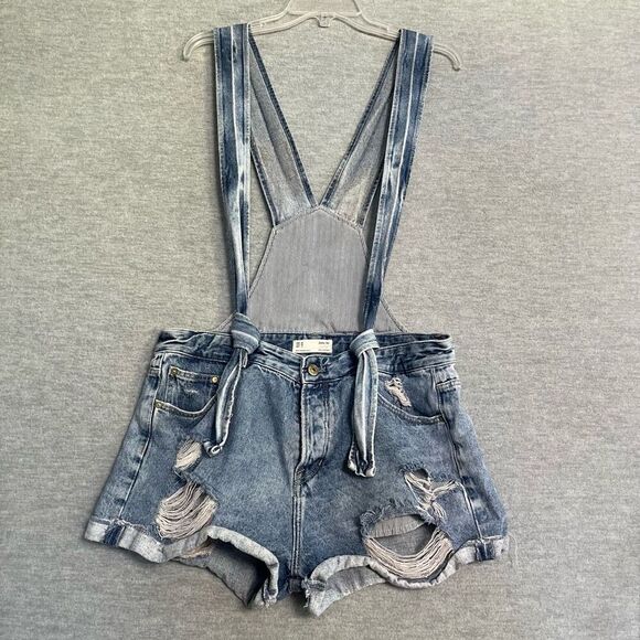 Zara Distressed Blue Denim Shortalls Size 6 Shorts Overalls Vintage Collection - Picture 2 of 13